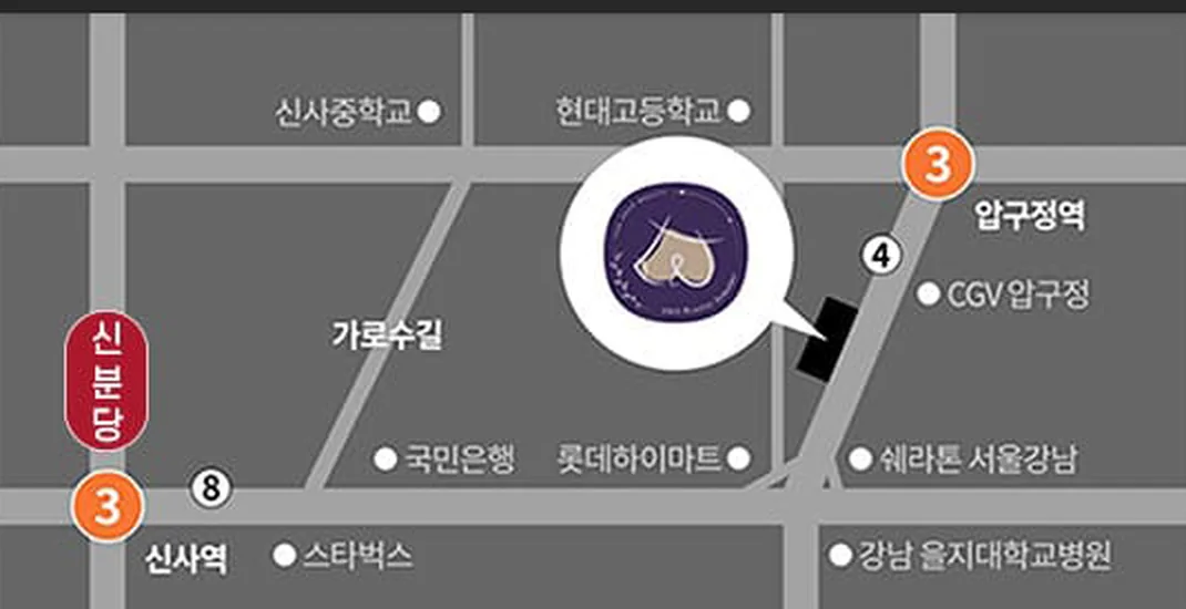 U&U整形外科路线简图 — 狎鸥亭站·新沙站附近的新沙洞林荫路
