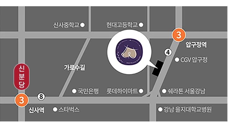 U&U整形外科示意图: 3号线狎鸥亭站4号出口、新沙站、林荫路附近