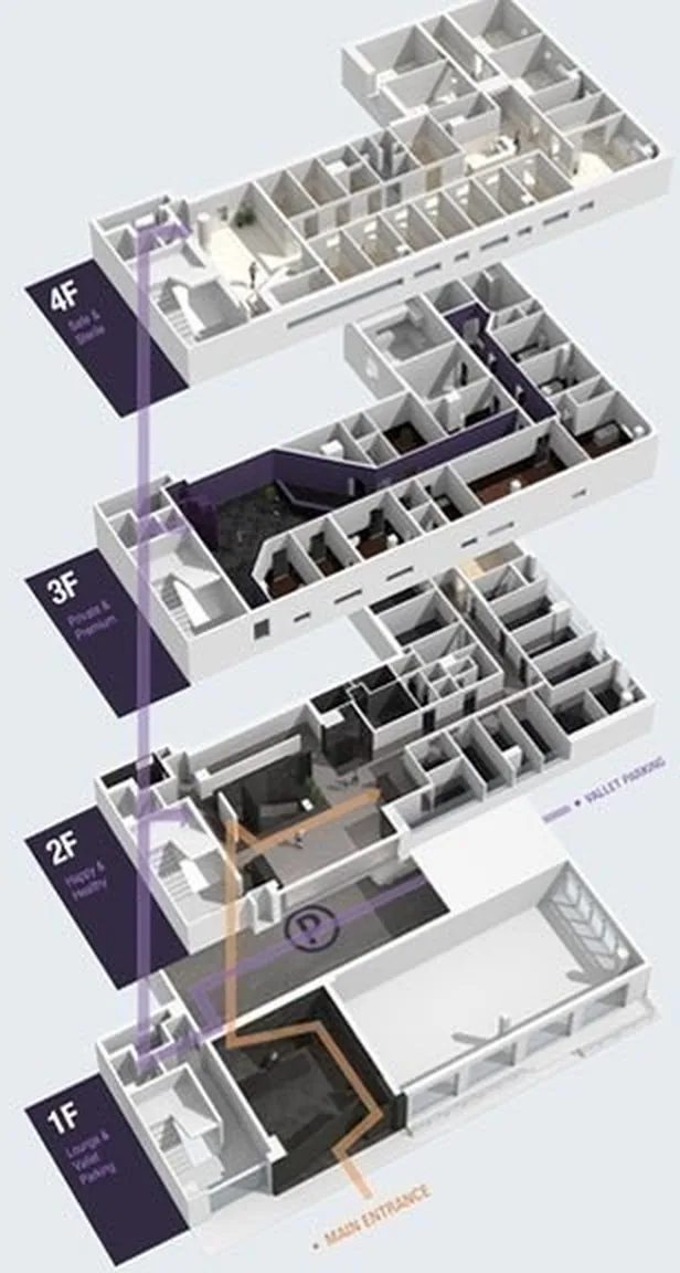 U&U整形外科1F~4F楼层构成等距示意图 — 1F休息区·代客泊车,2F咨询·试戴,3F诊疗·高端护理,4F手术室