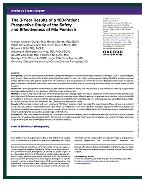 Aesthetic Surgery Journal刊载论文首页 — The 3-Year Results of a 100-Patient Prospective Study of the Safety and Effectiveness of Mia Femtech