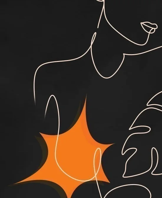 以单线勾勒女性上半身与龟背竹叶的线条画,以及橙色爆炸图形